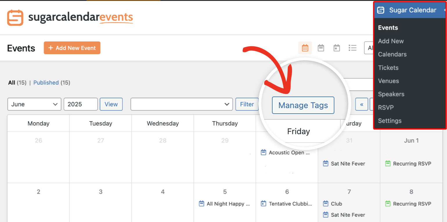 Manage Tags button in Sugar Calendar